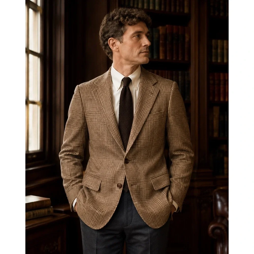 VintGlen Check Plaid Wool Blazer Brown Ivy League Academia Professor Preppy 42L